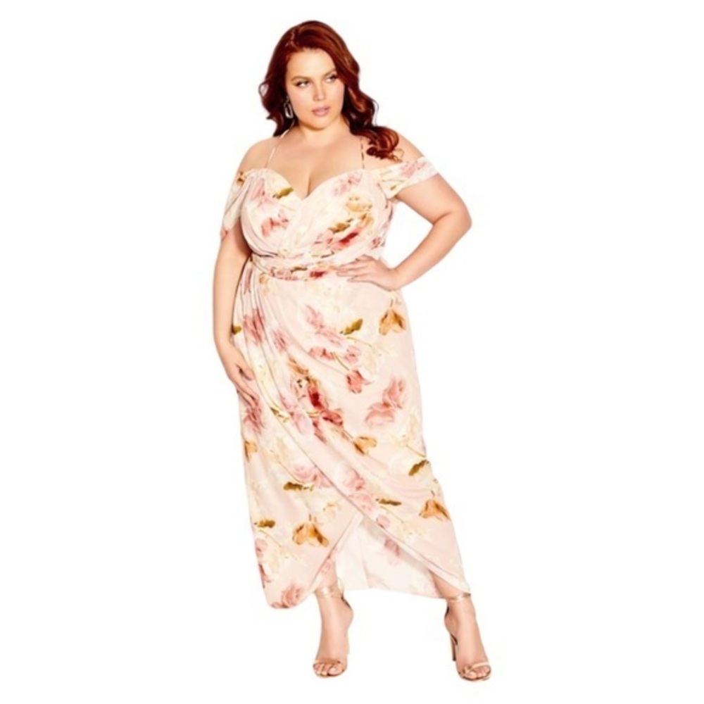 NEW City Chic Floral Print Draped Shoulders Maxi Dress in Petal Rose Pink Rose